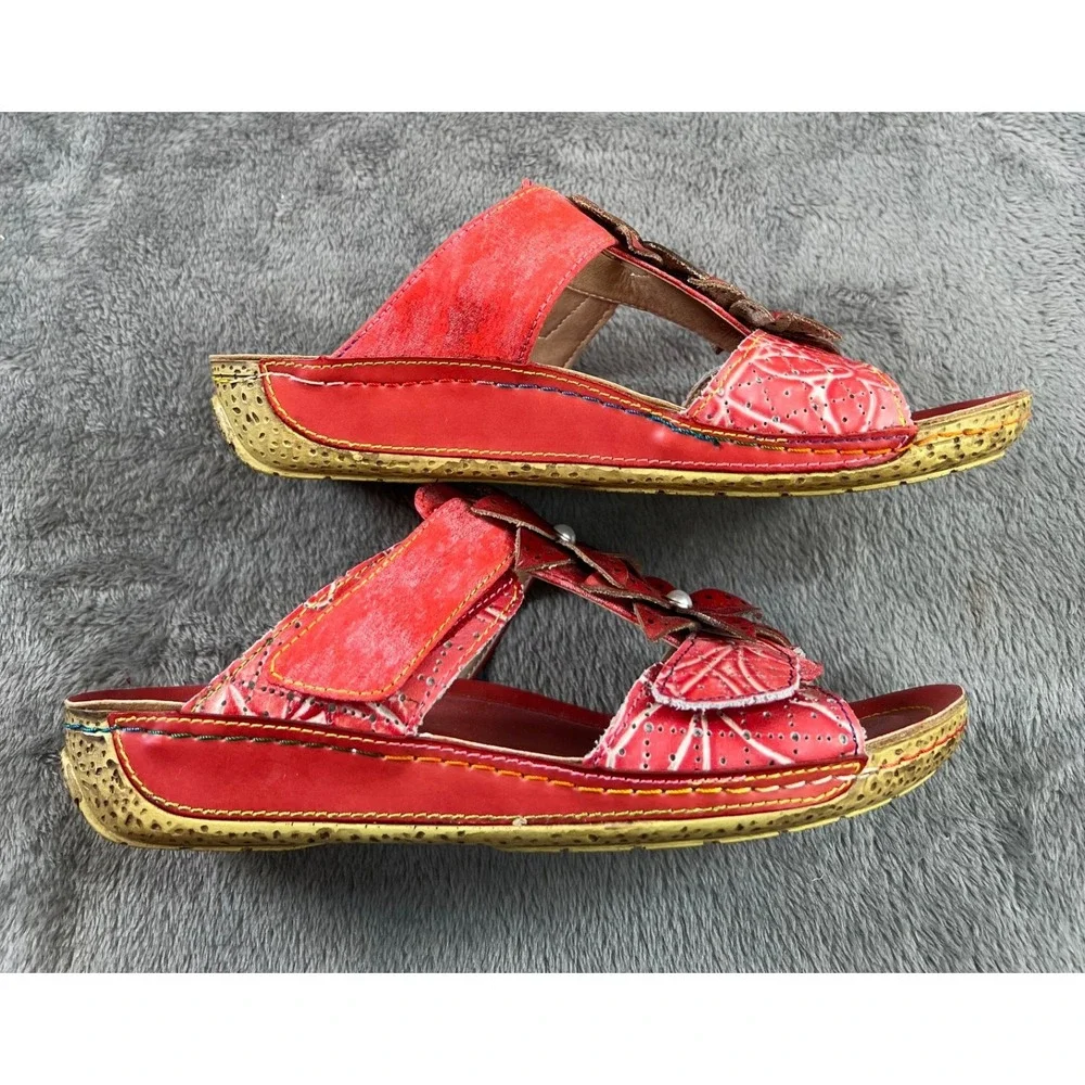 Spring Step L'artiste Karina Sandals 37/7 Red Leather Floral Embellished Artsy